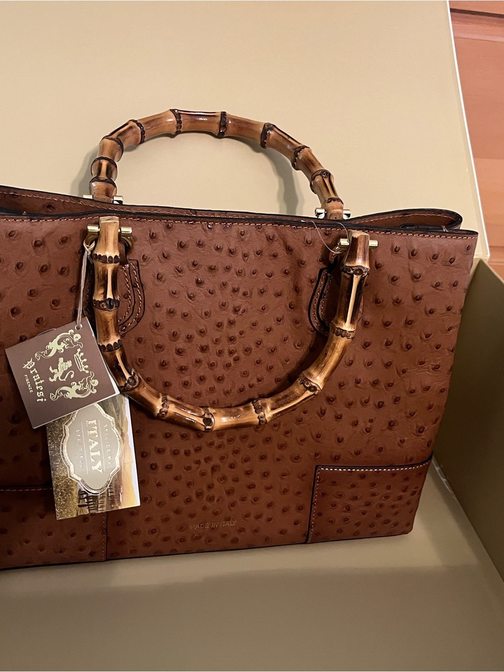 Pratesi Italian made Brown Ostrich-Tote Bag with Bamboo Handles.